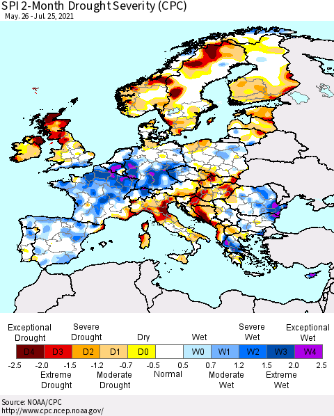 Europe SPI 2-Month Drought Severity (CPC) Thematic Map For 5/26/2021 - 7/25/2021