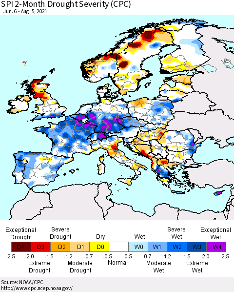 Europe SPI 2-Month Drought Severity (CPC) Thematic Map For 6/6/2021 - 8/5/2021