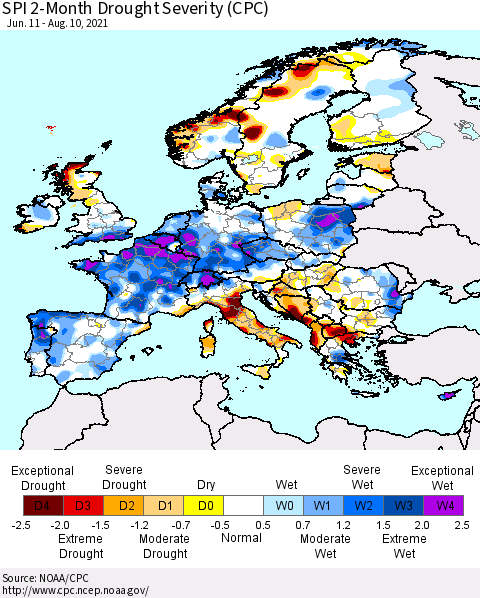 Europe SPI 2-Month Drought Severity (CPC) Thematic Map For 6/11/2021 - 8/10/2021