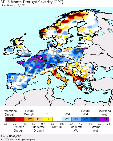 Europe SPI 2-Month Drought Severity (CPC) Thematic Map For 6/16/2021 - 8/15/2021