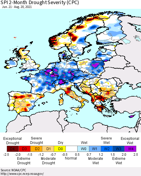 Europe SPI 2-Month Drought Severity (CPC) Thematic Map For 6/21/2021 - 8/20/2021