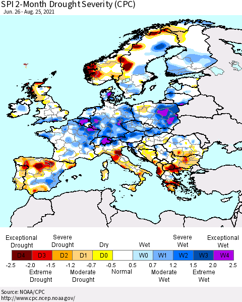 Europe SPI 2-Month Drought Severity (CPC) Thematic Map For 6/26/2021 - 8/25/2021