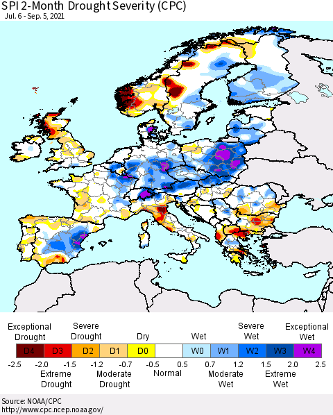 Europe SPI 2-Month Drought Severity (CPC) Thematic Map For 7/6/2021 - 9/5/2021