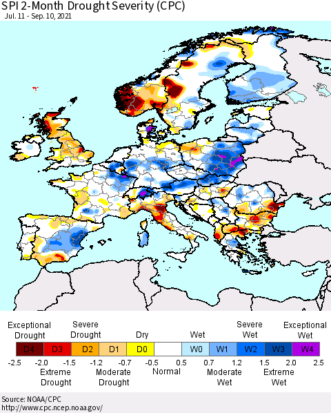 Europe SPI 2-Month Drought Severity (CPC) Thematic Map For 7/11/2021 - 9/10/2021