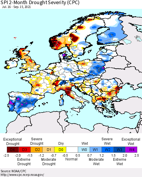 Europe SPI 2-Month Drought Severity (CPC) Thematic Map For 7/16/2021 - 9/15/2021