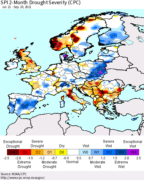 Europe SPI 2-Month Drought Severity (CPC) Thematic Map For 7/21/2021 - 9/20/2021