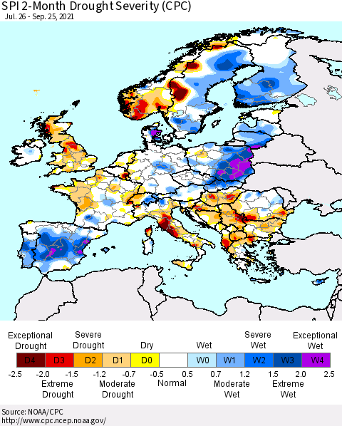 Europe SPI 2-Month Drought Severity (CPC) Thematic Map For 7/26/2021 - 9/25/2021
