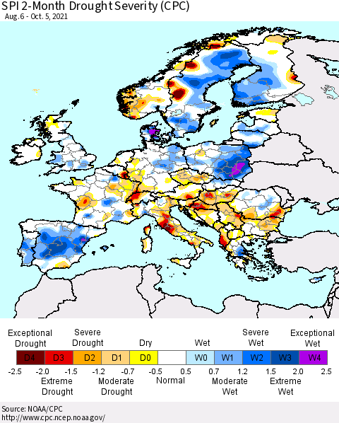 Europe SPI 2-Month Drought Severity (CPC) Thematic Map For 8/6/2021 - 10/5/2021