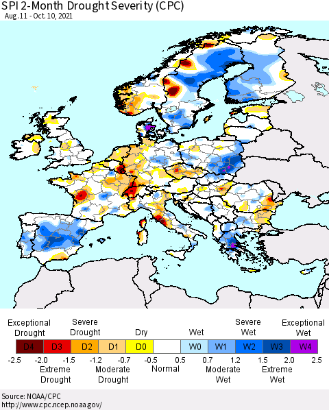 Europe SPI 2-Month Drought Severity (CPC) Thematic Map For 8/11/2021 - 10/10/2021