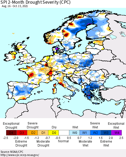 Europe SPI 2-Month Drought Severity (CPC) Thematic Map For 8/16/2021 - 10/15/2021
