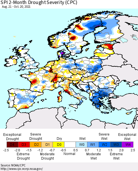 Europe SPI 2-Month Drought Severity (CPC) Thematic Map For 8/21/2021 - 10/20/2021