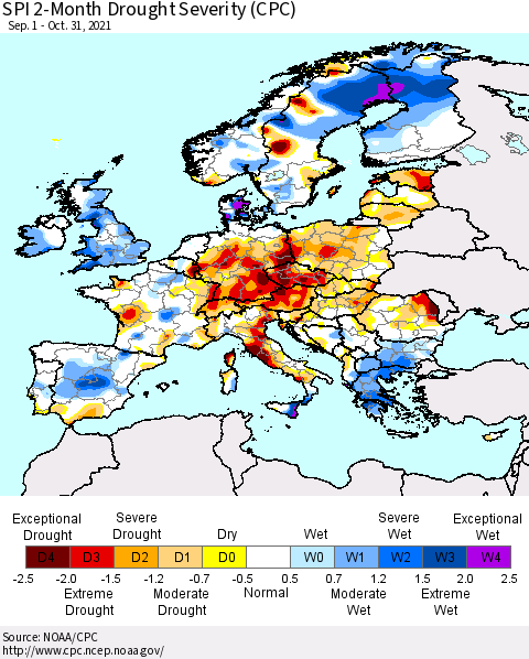 Europe SPI 2-Month Drought Severity (CPC) Thematic Map For 9/1/2021 - 10/31/2021