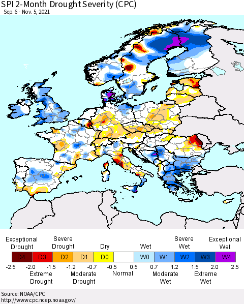Europe SPI 2-Month Drought Severity (CPC) Thematic Map For 9/6/2021 - 11/5/2021