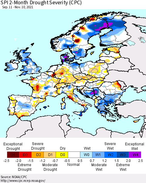 Europe SPI 2-Month Drought Severity (CPC) Thematic Map For 9/11/2021 - 11/10/2021