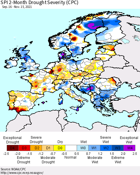 Europe SPI 2-Month Drought Severity (CPC) Thematic Map For 9/16/2021 - 11/15/2021