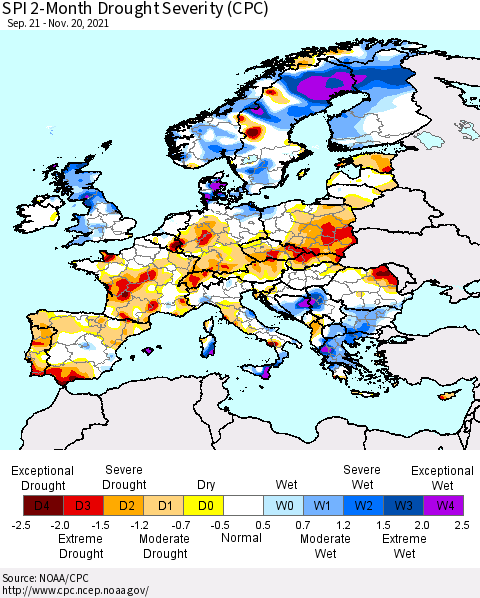 Europe SPI 2-Month Drought Severity (CPC) Thematic Map For 9/21/2021 - 11/20/2021