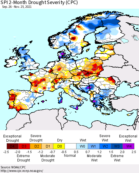 Europe SPI 2-Month Drought Severity (CPC) Thematic Map For 9/26/2021 - 11/25/2021
