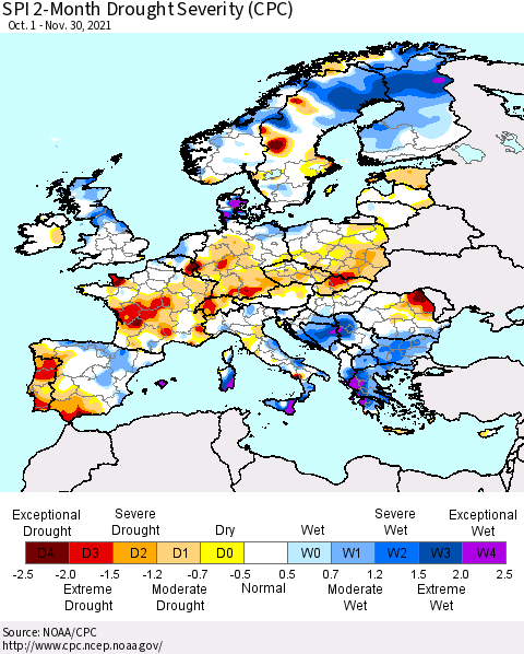 Europe SPI 2-Month Drought Severity (CPC) Thematic Map For 10/1/2021 - 11/30/2021