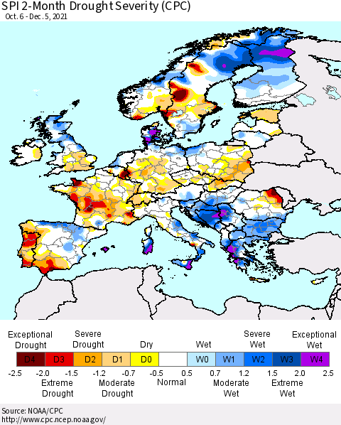 Europe SPI 2-Month Drought Severity (CPC) Thematic Map For 10/6/2021 - 12/5/2021