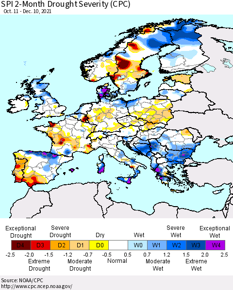 Europe SPI 2-Month Drought Severity (CPC) Thematic Map For 10/11/2021 - 12/10/2021