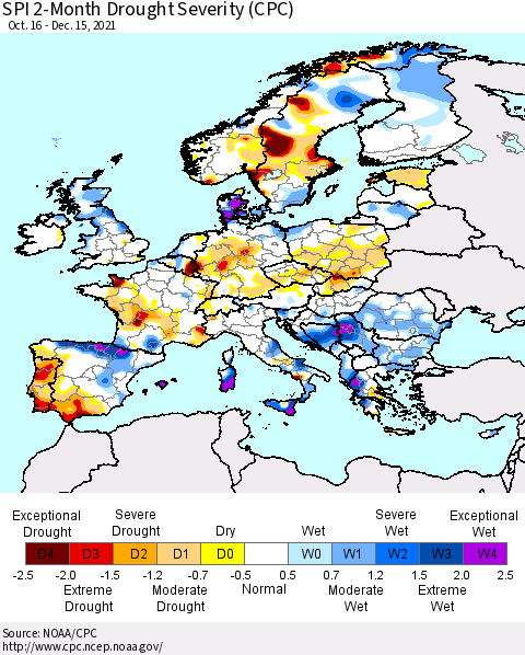 Europe SPI 2-Month Drought Severity (CPC) Thematic Map For 10/16/2021 - 12/15/2021