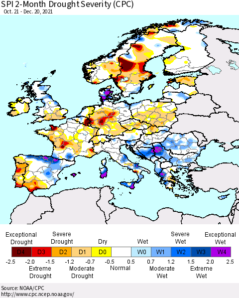 Europe SPI 2-Month Drought Severity (CPC) Thematic Map For 10/21/2021 - 12/20/2021