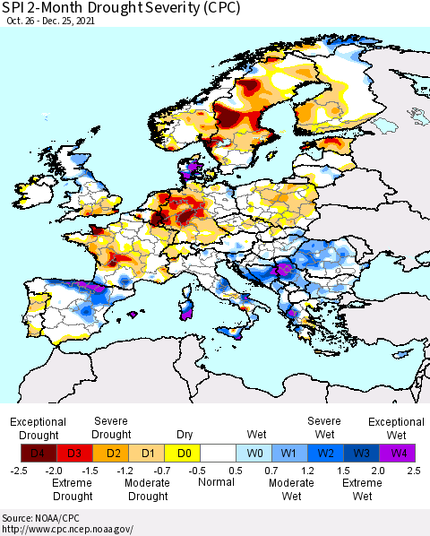 Europe SPI 2-Month Drought Severity (CPC) Thematic Map For 10/26/2021 - 12/25/2021