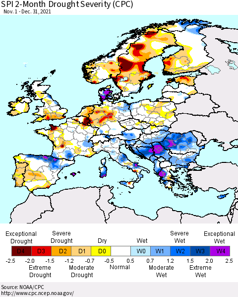 Europe SPI 2-Month Drought Severity (CPC) Thematic Map For 11/1/2021 - 12/31/2021