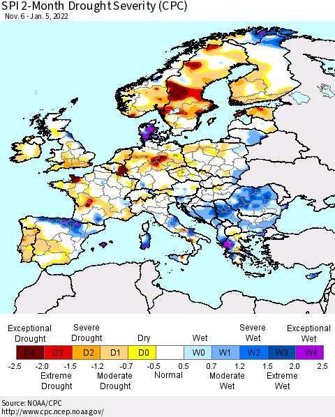 Europe SPI 2-Month Drought Severity (CPC) Thematic Map For 11/6/2021 - 1/5/2022