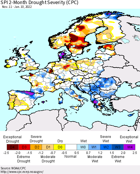 Europe SPI 2-Month Drought Severity (CPC) Thematic Map For 11/11/2021 - 1/10/2022