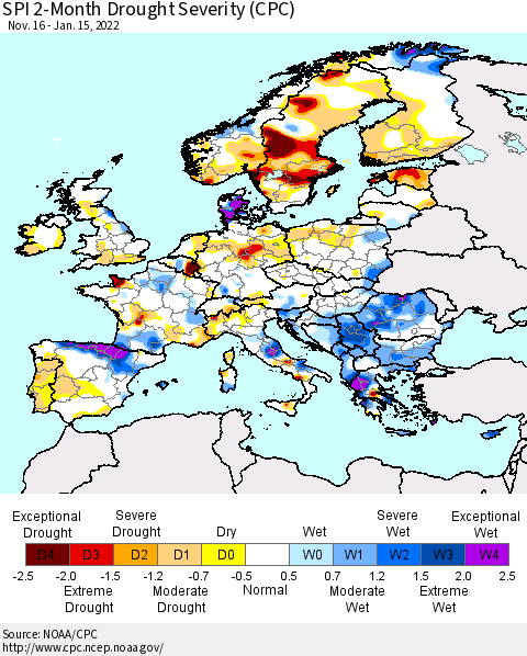 Europe SPI 2-Month Drought Severity (CPC) Thematic Map For 11/16/2021 - 1/15/2022
