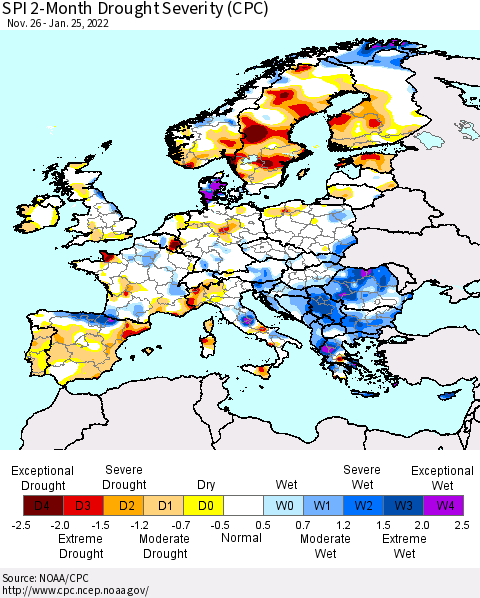 Europe SPI 2-Month Drought Severity (CPC) Thematic Map For 11/26/2021 - 1/25/2022