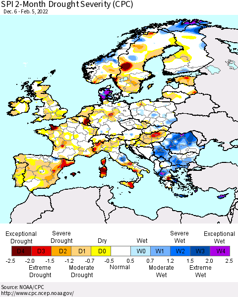 Europe SPI 2-Month Drought Severity (CPC) Thematic Map For 12/6/2021 - 2/5/2022