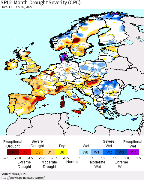 Europe SPI 2-Month Drought Severity (CPC) Thematic Map For 12/11/2021 - 2/10/2022