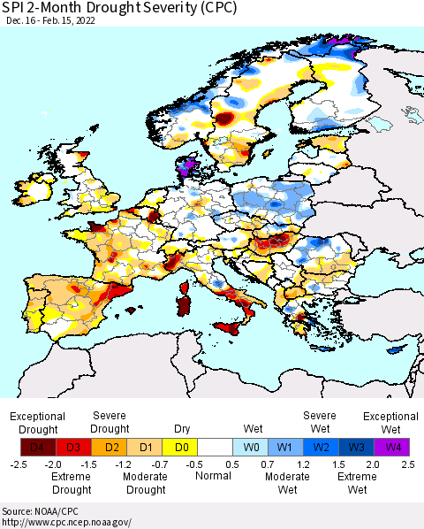 Europe SPI 2-Month Drought Severity (CPC) Thematic Map For 12/16/2021 - 2/15/2022