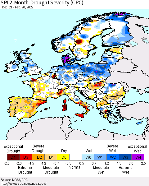 Europe SPI 2-Month Drought Severity (CPC) Thematic Map For 12/21/2021 - 2/20/2022