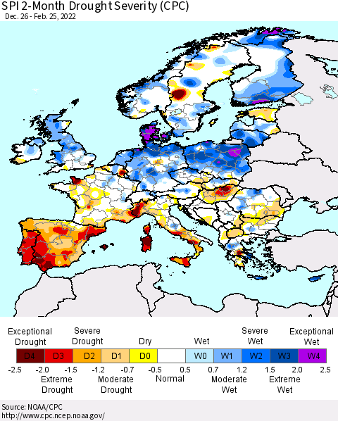 Europe SPI 2-Month Drought Severity (CPC) Thematic Map For 12/26/2021 - 2/25/2022