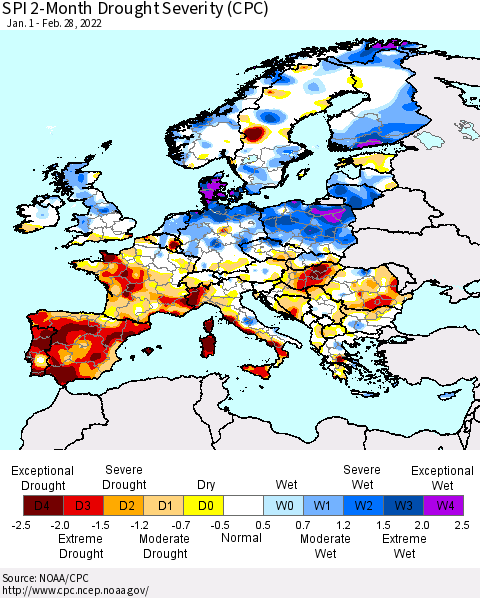 Europe SPI 2-Month Drought Severity (CPC) Thematic Map For 1/1/2022 - 2/28/2022