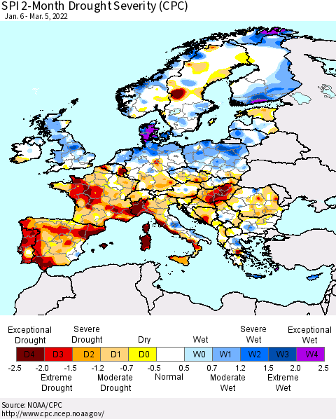 Europe SPI 2-Month Drought Severity (CPC) Thematic Map For 1/6/2022 - 3/5/2022