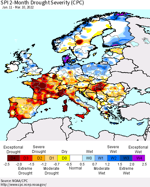 Europe SPI 2-Month Drought Severity (CPC) Thematic Map For 1/11/2022 - 3/10/2022