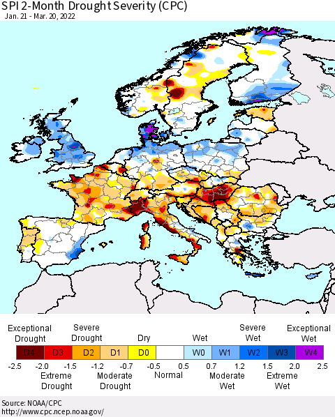Europe SPI 2-Month Drought Severity (CPC) Thematic Map For 1/21/2022 - 3/20/2022