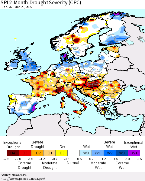 Europe SPI 2-Month Drought Severity (CPC) Thematic Map For 1/26/2022 - 3/25/2022