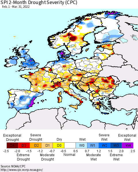 Europe SPI 2-Month Drought Severity (CPC) Thematic Map For 2/1/2022 - 3/31/2022