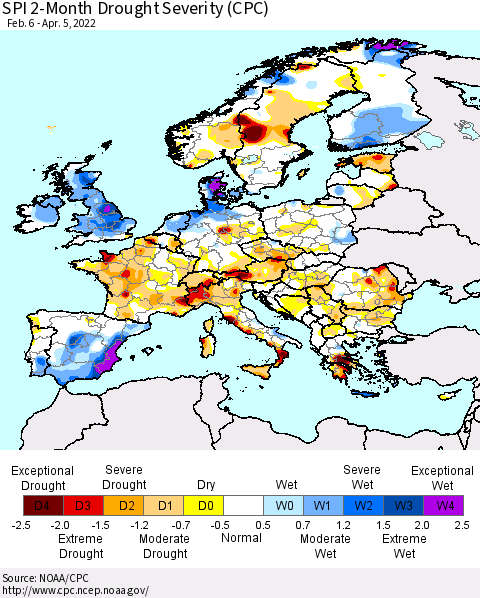 Europe SPI 2-Month Drought Severity (CPC) Thematic Map For 2/6/2022 - 4/5/2022