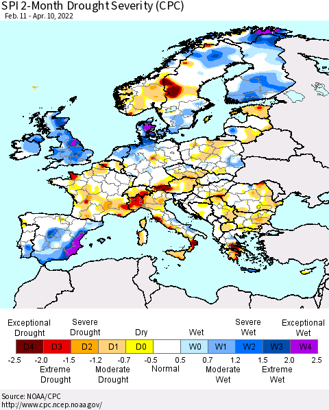 Europe SPI 2-Month Drought Severity (CPC) Thematic Map For 2/11/2022 - 4/10/2022
