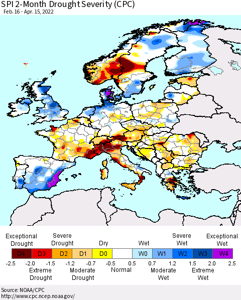 Europe SPI 2-Month Drought Severity (CPC) Thematic Map For 2/16/2022 - 4/15/2022