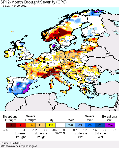 Europe SPI 2-Month Drought Severity (CPC) Thematic Map For 2/21/2022 - 4/20/2022