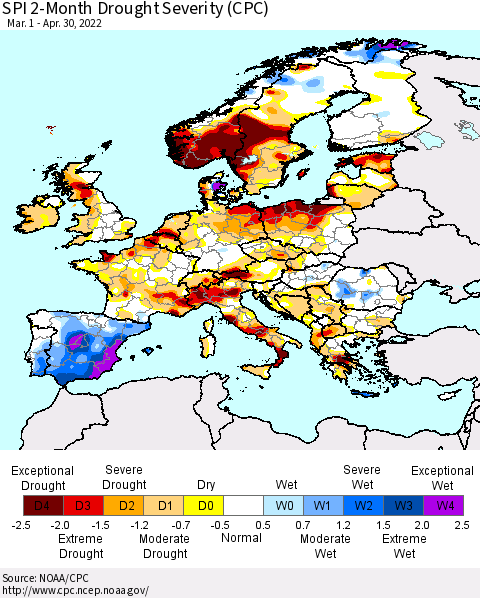 Europe SPI 2-Month Drought Severity (CPC) Thematic Map For 3/1/2022 - 4/30/2022