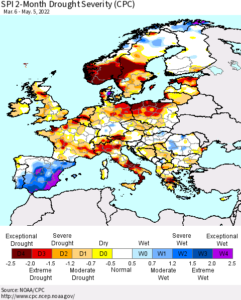 Europe SPI 2-Month Drought Severity (CPC) Thematic Map For 3/6/2022 - 5/5/2022