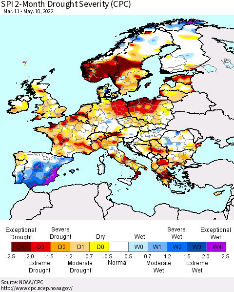 Europe SPI 2-Month Drought Severity (CPC) Thematic Map For 3/11/2022 - 5/10/2022